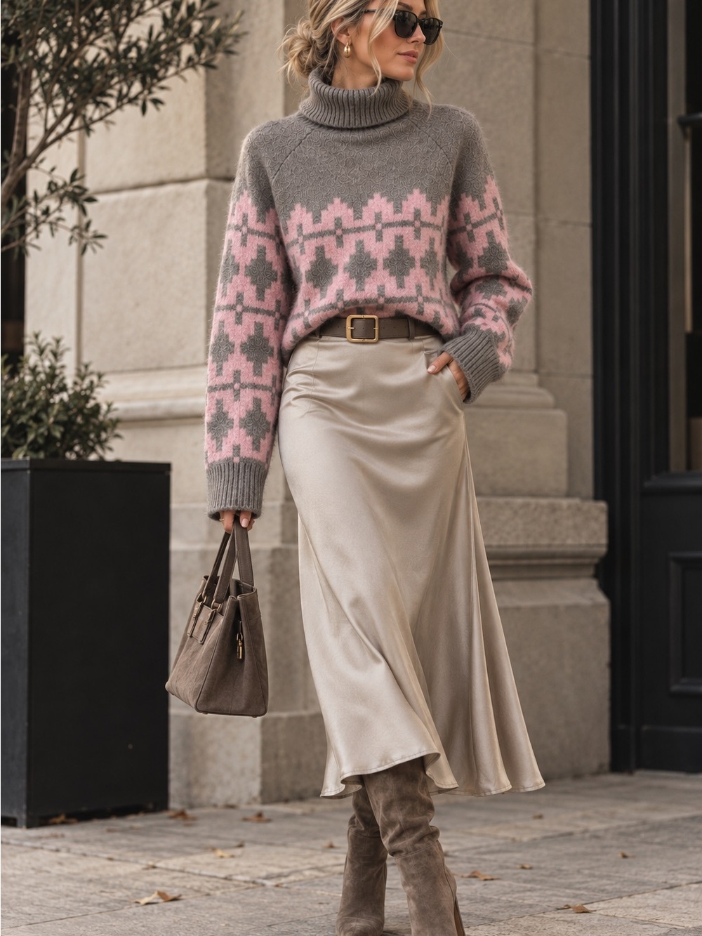 H&M Divided Gray & Pink Wool Blend Turtleneck Sweater Size M